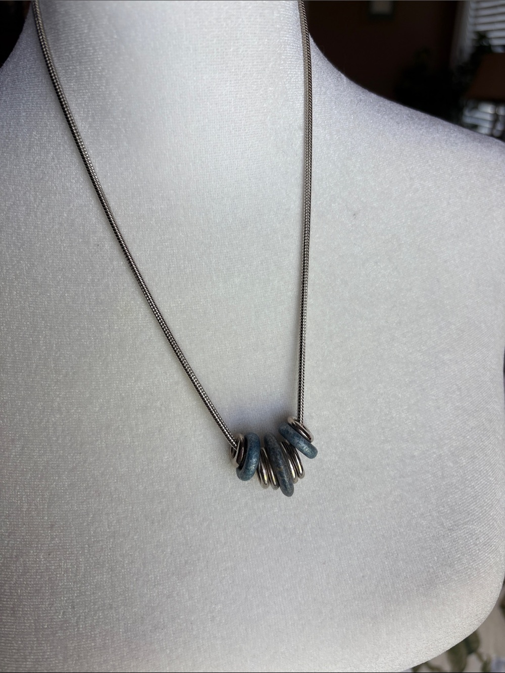 Sterling Silver Chain Necklace with Blue-Grey Stone Discs